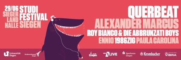 Plakat für das Studifestival am 29.06.2023 mit einem fröhlichen Dinosaurier und Ankündigung der Bands wie Querbeat.